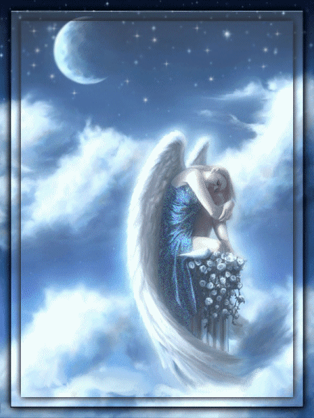 angel siting in sky beside moon