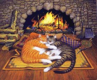 Cosy Cats In Front Of Fir